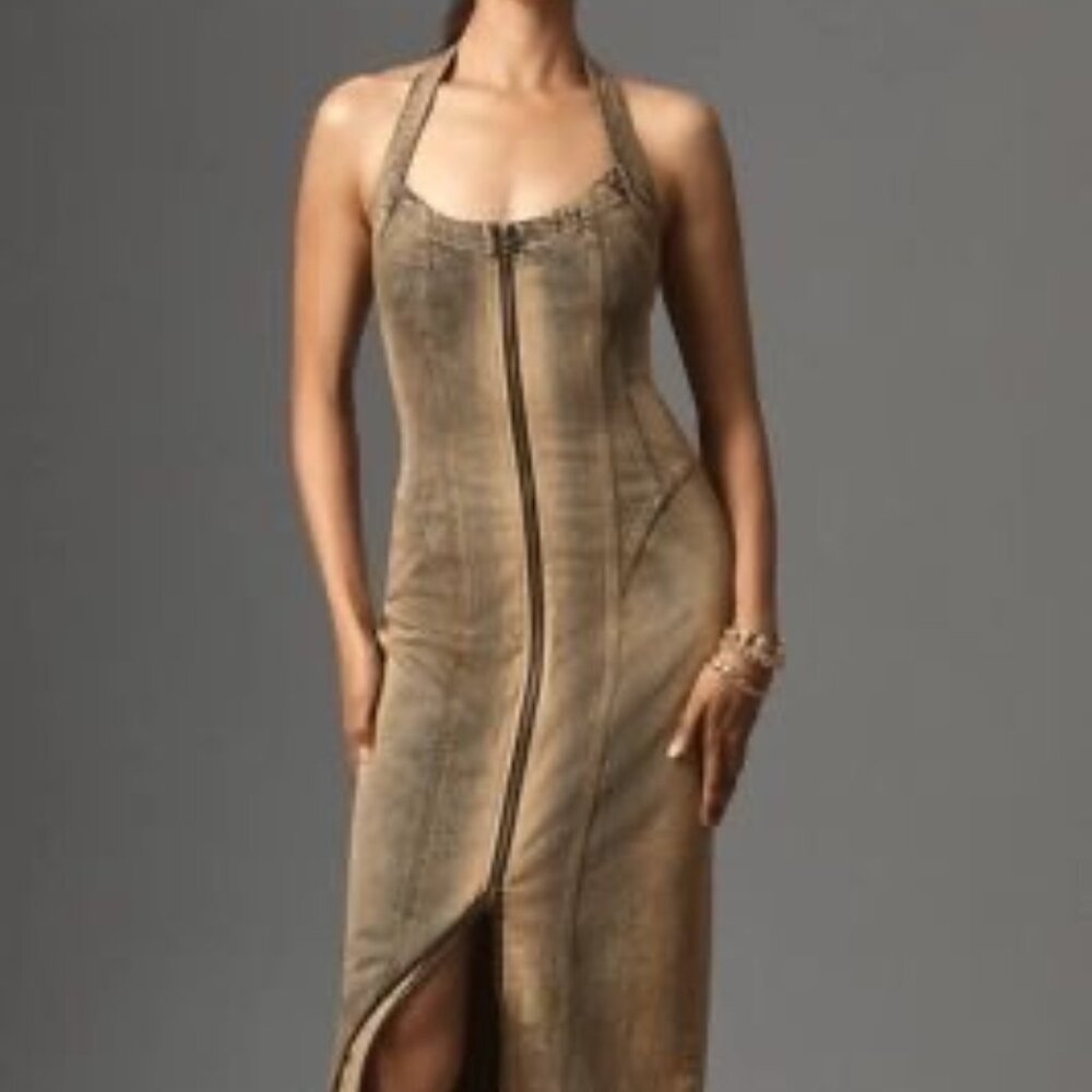 Pilcro Front-Zip Halter Denim Midi Dress in a Brown wash *SOLD OUT*